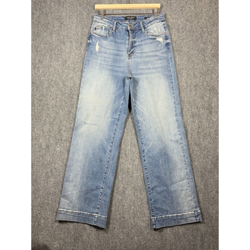 Judy Blue Womens High Rise Wide Leg Jeans Size 11/30 Distressed Blue Medium Wash